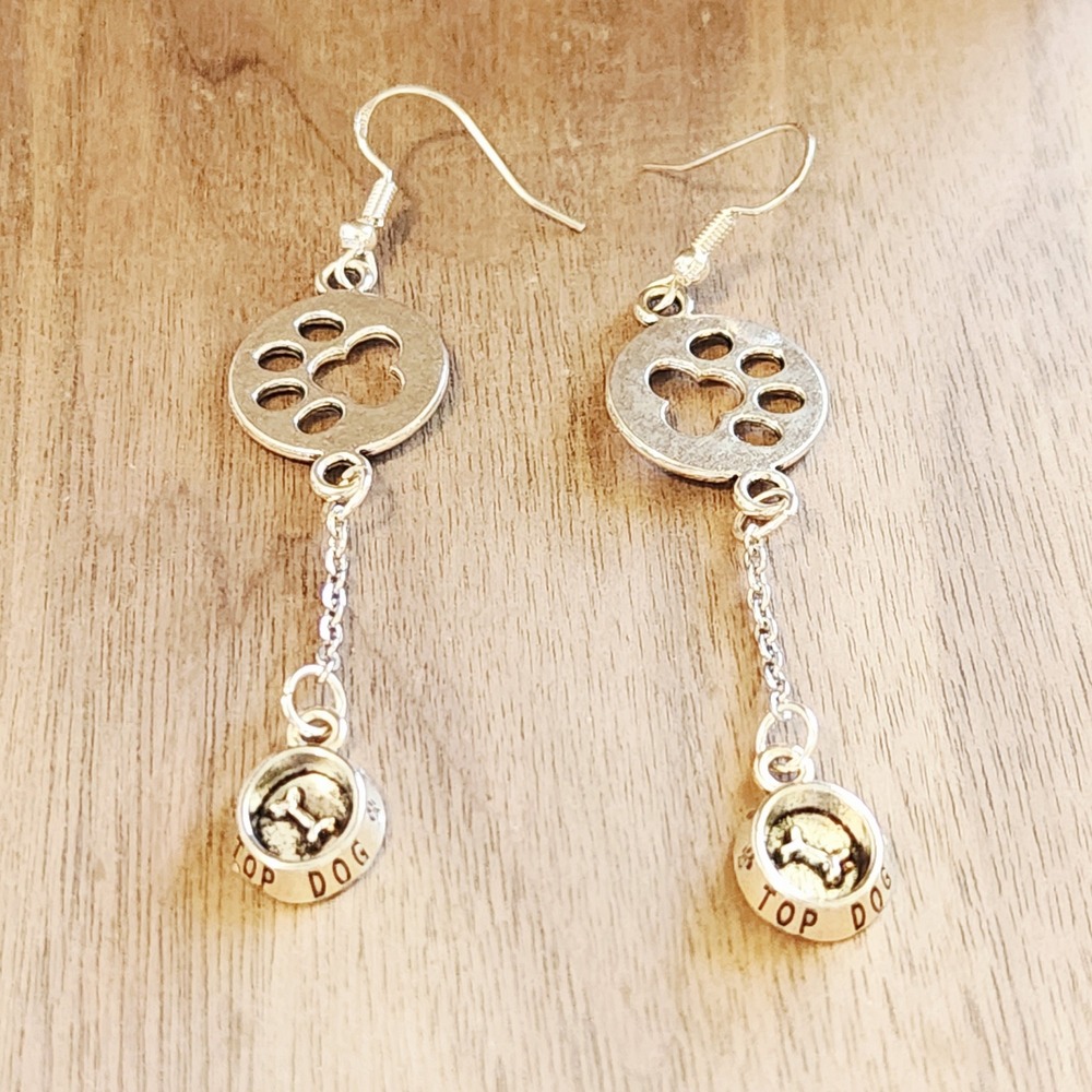 Silver Paw Print Top Dog Bowl Dangle Earrings Puppy Animal Lover Hook Drops - Picture 1 of 6